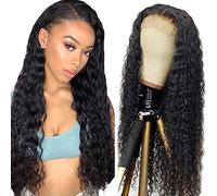 Creuost 4x4 Swiss Lace Frontal Human Hair Wig Suiza encaje peluca de pelo real Sra Water Wave 150% Density 1b Natural Black Brazilian Virgin Hair Pre Plucked Baby Hair Minimal Tangle 20 Inch
