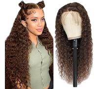 Creuost 4x4 Transparent Lace Frontal Human Hair Wig Water Wave 150% Density Brazilian Virgin Hair #4 Chocolate Brown No Shedding No Smell For Women 28 Inch