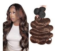 Creuost Body Wave Bundles Humano Hair Extensiones de Cabello Humano Brasil Pelo Humano Sin Procesar Cabello Virgen Brasileño Weave P4/30 Highlight Brown 3 Paquetes Total 150 g para Mujeres 12 14 16