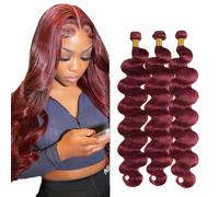 Creuost Body Wave Bundles Humano Hair Extensiones de Cabello Humano Mujer Peluca Mujer Sin Procesar Brasileño Cabello Virgen Weave #99J Borgoña Rojo 3 paquetes Total 300 g 24 26 28 Pulgadas