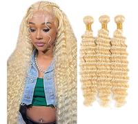 Creuost Bundles Human Hair Extension Deep Wave cabello humano Bundles Unprocessed Brazilian Virgin Hair #613 Light Blonde Minimal detachment For Women 3 Bundles Total 150g 12 14 16 Inch