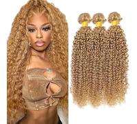 Creuost Bundles Human Hair Extension Kinky Curly Bundles 100% Unprocessed Brazilian Virgin Hair #27 Blonde Brown No Tangles No Smell For Women 3 Bundles Total 300g 34 34 34 Inch