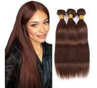 Creuost Bundles Human Hair Extension Straight cabello humano Bundles Unprocessed Brazilian Virgin Hair #4 Chocolate Brown Minimal detachment For Women 3 Bundles Total 150g 28 30 32 Inch