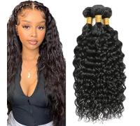 Creuost Bundles Human Hair Extension Water Wave Bundles cabello humano Unprocessed Brazilian Virgin Hair #1b Natural Black Minimal detachment For Women 3 Bundles Total 300g 28 30 32 Inch