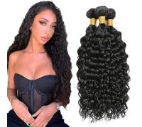 Creuost Bundles Human Hair Extension Water Wave Bundles cabello humano Unprocessed Brazilian Virgin Hair #1b Natural Black Minimal detachment For Women 3 Bundles Total 300g 24 26 28 Inch