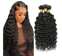 Creuost Bundles Human Hair Extension Water Wave Bundles cabello humano Unprocessed Brazilian Virgin Hair #1b Natural Black Minimal detachment For Women 3 Bundles Total 300g 22 24 26 Inch