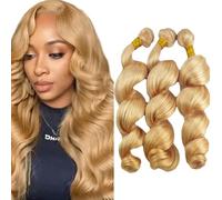 Creuost Extensiones de cabello humano de 26 a 28 a 30 pulgadas, extensiones de cabello humano brasileño, sin procesar, tejido virgen brasileño, #27, rubio miel, 3 paquetes, total 300 g para mujeres