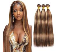 Creuost Extensiones de cabello humano de 28 a 30 a 32 pulgadas, extensiones de cabello humano para mujer, sin procesar, brasileño, tejido virgen brasileño, #4/27, rubio resaltado, 3 paquetes, total