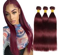 Creuost Extensiones de cabello humano de 28 a 30 a 32 pulgadas, extensiones de cabello humano para mujer, sin procesar, brasileño, tejido virgen brasileño, #99J, rojo burdeos, 3 paquetes, total 300 g