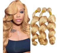 Creuost Extensiones de cabello humano de Brasil sin procesar, pelo virgen brasileño, #27, rubio miel, 3 paquetes de 300 g para mujeres de 24 a 26 a 28 pulgadas