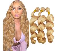Creuost Extensiones de cabello humano de Brasil sin procesar, pelo virgen brasileño, #27, rubio miel, 3 paquetes de 300 g, para mujeres de 20, 22 y 24 pulgadas