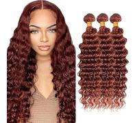 Creuost Extensiones de cabello humano de onda profunda, extensiones de cabello humano, para mujer, sin procesar, brasileño, tejido virginal, #33, color marrón rojizo, 3 paquetes, total 300 g, 300 g