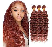 Creuost Extensiones de cabello humano de onda profunda, extensiones de cabello humano, para mujer, sin procesar, brasileño, tejido virginal, #33, color marrón rojizo, 3 paquetes, total 300 g, 300 g