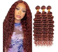 Creuost Extensiones de cabello humano de onda profunda, extensiones de cabello humano, para mujer, sin procesar, brasileño, tejido virginal, #33, color marrón rojizo, 3 paquetes, total 300 g, 18 18