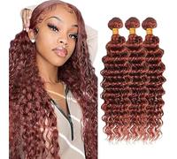 Creuost Extensiones de cabello humano de onda profunda, extensiones de cabello humano, para mujer, sin procesar, brasileño, tejido virginal, #33, color marrón rojizo, 3 paquetes, total 300 g, 300 g