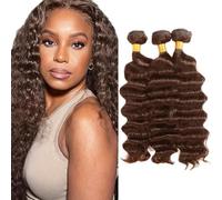 Creuost Extensiones de cabello humano de onda profunda, pelo humano brasileño, sin procesar, tejido virgen brasileño, #4, marrón chocolate, 3 paquetes, total 150 g, para mujeres de 14 16 a 18 pulgadas