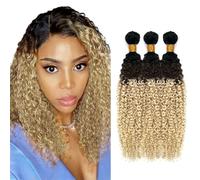 Creuost Extensiones de cabello humano rizado rizado para mujer, sin procesar, pelo virgen brasileño, sin procesar, #1B/4/613, rubio degradado, 3 paquetes, total 300 g, 24, 26, 28 pulgadas