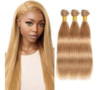 Creuost Extensiones de cabello humano Straight Bundles Humanos Hair Extensions Mujer Peluca Mujer Sin Procesar Brasileño Virgin Hair Weave #27 Honey Blonde 3 paquetes Total 300 g 14 pulgadas