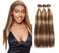 Creuost Extensiones de cabello humano Straight Bundles Humanos Hair Extensions Mujer Peluca Mujer Sin Procesar Cabello Virgen Brasileño Tejido #4/27 Resaltar Rubio 3 Paquetes Total 300 g 400 g 40 300