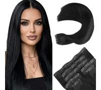 Creuost Extensiones de pelo brasileño sin procesar con clip, pelo virgen brasileño, #1B, color negro natural, 7 piezas, 120 g, con 16 clips por set para mujeres de 22 pulgadas