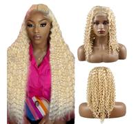 Creuost Glueless Perruque Naturelle Brésilien 4x1 Lace Frontal Wig Human Hair Kinky Curly Brazilian Virgin Hair Unprocessed No Tangle 150% Density #613 Honey Blonde For Women 22 Inch