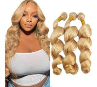 Creuost Paquetes de extensiones de cabello con onda suelta de 28 30 32 pulgadas, cabello humano brasileño, cabello natural no procesado, onda #27 color miel, 3 paquetes, total 300 g para mujeres