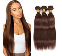 Creuost Straight Bundles Human Hair Extension #4 Chocolate Brown 100% Unprocessed Brazilian Virgin Hair For Women No Tangles No Smell 3 Bundles Total 300g 30 32 34 Inch