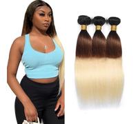 Creuost Straight Bundles Human Hair Extensions pelo natural pelucas mujer pelo natural humano Brazilian Virgin Hair Weave Double Weft 1b/4/613 Ombre Blonde 3 Bundles Total 300g 10 12 14 Inch