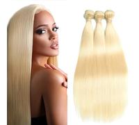 Creuost Straight Human Hair Bundles #613 Light Blonde Peluca real Extensions Double Weft Unprocessed Brazilain Remy Hair Weave Extension With Minimal Tangle 3 Bundles 26 28 30 Inch
