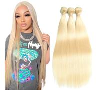 Creuost Straight Human Hair Bundles #613 Light Blonde Peluca real Extensions Double Weft Unprocessed Brazilain Remy Hair Weave Extension With Minimal Tangle 3 Bundles 28 30 32 Inch