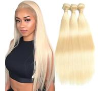 Creuost Straight Human Hair Bundles #613 Light Blonde Peluca real Extensions Double Weft Unprocessed Brazilain Remy Hair Weave Extension With Minimal Tangle 3 Bundles 24 26 28 Inch