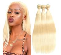 Creuost Straight Human Hair Bundles #613 Light Blonde Peluca real Extensions Double Weft Unprocessed Brazilain Remy Hair Weave Extension With Minimal Tangle 3 Bundles 22 24 26 Inch