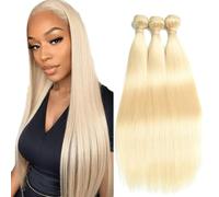 Creuost Straight Human Hair Bundles #613 Light Blonde Peluca real Extensions Double Weft Unprocessed Brazilain Remy Hair Weave Extension With Minimal Tangle 3 Bundles 12 14 16 Inch