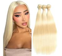 Creuost Straight Human Hair Bundles #613 Light Blonde Peluca real Extensions Double Weft Unprocessed Brazilain Remy Hair Weave Extension With Minimal Tangle 3 Bundles 18 20 22 Inch