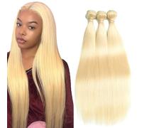 Creuost Straight Human Hair Bundles #613 Light Blonde Pelucas Mujer Pelo Natural Extensions Double Weft Unprocessed Brazilain Hair Weave Extension With Minimal Tangle 3 Bundles 300g 16 18 20 Inch