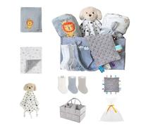 CREVENT, Juego de Cesta organizadora de pañales con 2 Mantas, 1 Taggie, 1 Lovey, 3 Calcetines, 1 Bolsa de Regalo con Cinta, Regalo Esencial de Bienvenida para recién Nacidos, Neutro