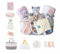 CREVENT, Juego de Cesta organizadora de pañales para niñas con 2 Mantas, 1 Taggie, 1 Lovey, 3 Calcetines, 1 Diadema, 1 Bolsa de Regalo con Cinta, Regalo Esencial para recién Nacidos, Rosa