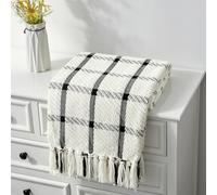 CREVENT Manta clásica Transpirable, Suave y cálida de 127 x 152 cm, para sofá Cama, decoración del hogar, con borlas (Color Blanco y Negro)