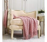CREVENT Manta Decorativa de Punto de sofá sólido y Suave con Textura Cresent, con borlas, Suave, cálida y cómoda, Ligera, Adecuada para la Primavera y el Verano (127x152 cm Gris Rosa/Coral)
