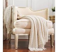 CREVENT - Manta Decorativa Tejida para el sofá, la Silla, la Cama o para Viajes, cálida, Ligera, Suave y cómoda, para Todas Las Estaciones, (127 X 152 cm, Color Marfil)