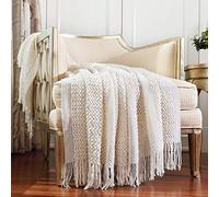 CREVENT - Manta Decorativa Tejida para el sofá, la Silla, la Cama o para Viajes, cálida, Ligera, Suave y cómoda, para Todas Las Estaciones, (127 X 152 cm, Color Blanco/Beis)