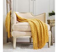 CREVENT - Manta Decorativa Tejida para el sofá, la Silla, la Cama o para Viajes, cálida, Ligera, Suave y cómoda, para Todas Las Estaciones, (127 X 152 cm, Color Amarillo Mostaza)