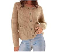 Crew Neck Women's Fall Winter Solid Color Cardigan Long Sleeve Knitted Button Sweater Pockets Work Outing Jacket