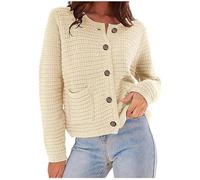 Crew Neck Women's Fall Winter Solid Color Cardigan Long Sleeve Knitted Button Sweater Pockets Work Outing Jacket