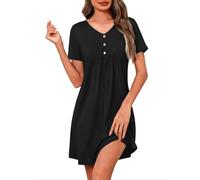 Crewhpo Camisón Mujer Manga Corta Verano Camisones Cuello en V Elegante | Botones Decorativos, Pliegues Delanteros, Corte Suelto, Tacto Suave, Tejido Ligero, Relax en Casa, Algodón Pijama