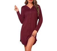 Crewhpo Camisones de Mujer Manga Larga Invierno Algodón Camisón Cuello en V Ropa de Dormir con Botones Tallas Grandes Vestidos Cómodo y Holgado