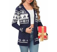 Crewhpo Cárdigan Navidad para Mujer Invierno Chaqueta de Punto Suéter Frente Abierto Jersey Manga Larga Cuello en V Cárdigans con Botones