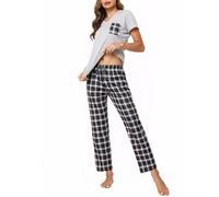 Crewhpo Pijama Mujer 2 Piezas Camiseta Manga Corta y Pantalones a Cuadros | Bolsillo de Pecho, Pantalón a Cuadros, Cintura Elástica, Cordón Ajustable, Tacto Suave, Relax en Casa, Uso Interior