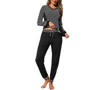 Crewhpo Pijama Mujer Invierno Conjunto de Pijamas Algodón Rayas Pijama Manga Larga Ropa de Dormir Cuello en V Camiseta y Pantalones Largo