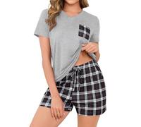 Crewhpo Pijama Mujer Verano con Camiseta Manga Corta y Pantalones Cortos | Top con Cuello en V, Shorts a Cuadros, Cintura Elástica, Tacto Suave, Relax en Hogar, Días Cálidos, Uso Interior, Diario